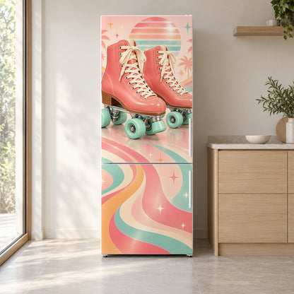 Retro Roller Skates fridge wrap on a white refrigerator in a bright kitchen
