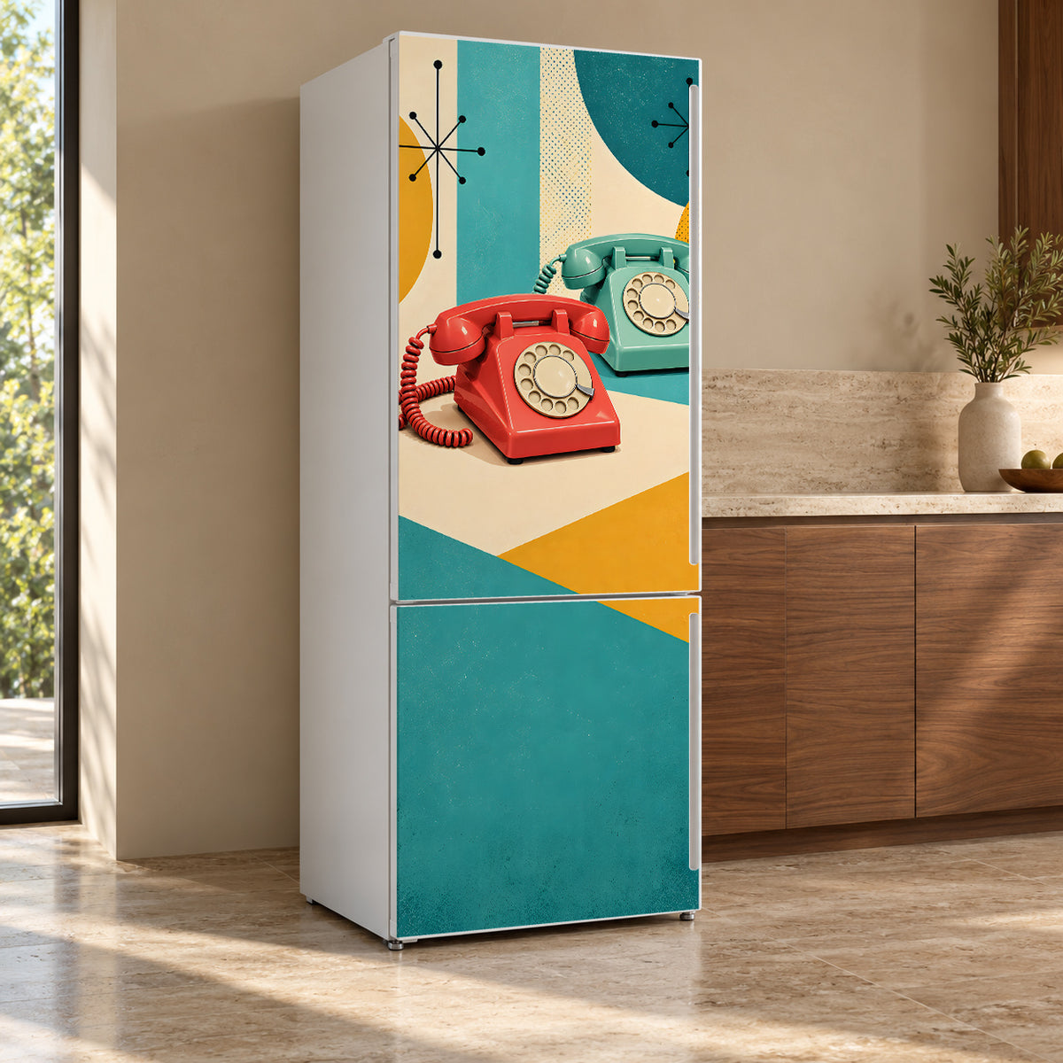 Retro Rotary Telephones fridge wrap, refrigerator shown at an angle