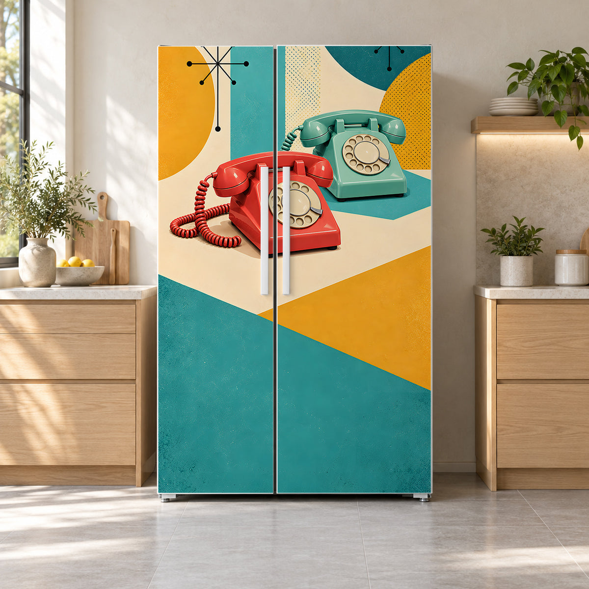 Retro Rotary Telephones fridge wrap on a side-by-side refrigerator