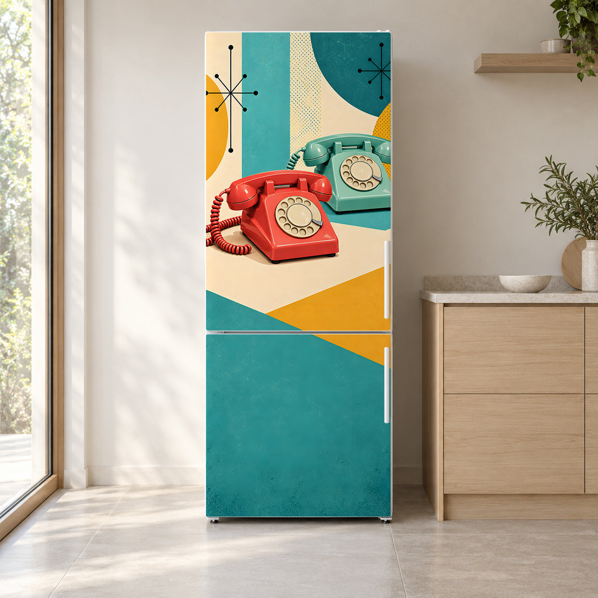 Retro Rotary Telephones fridge wrap on a white refrigerator in a bright kitchen