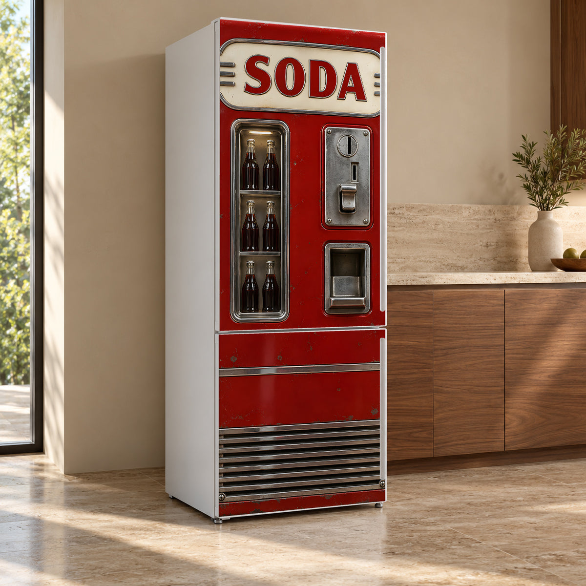 Retro Soda Machine fridge wrap, refrigerator shown at an angle