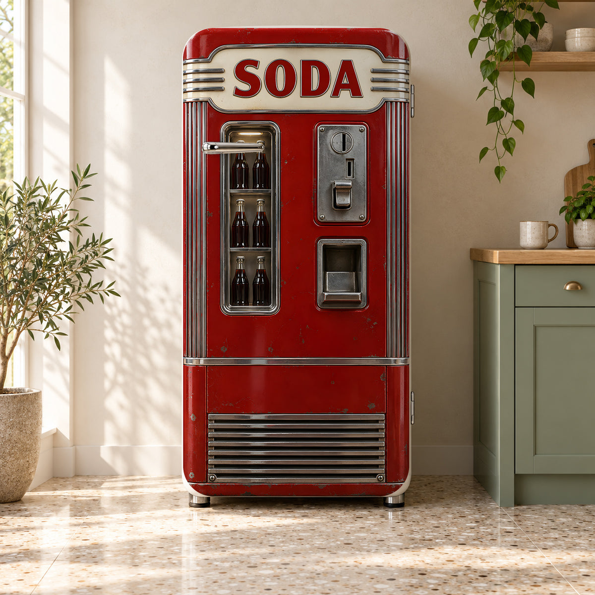 Retro Soda Machine fridge wrap on a retro refrigerator