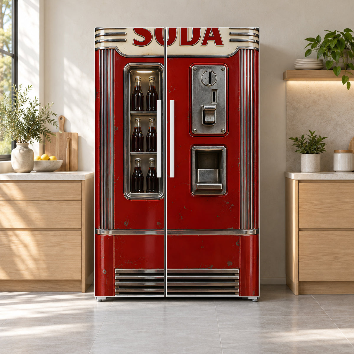 Retro Soda Machine fridge wrap on a side-by-side refrigerator