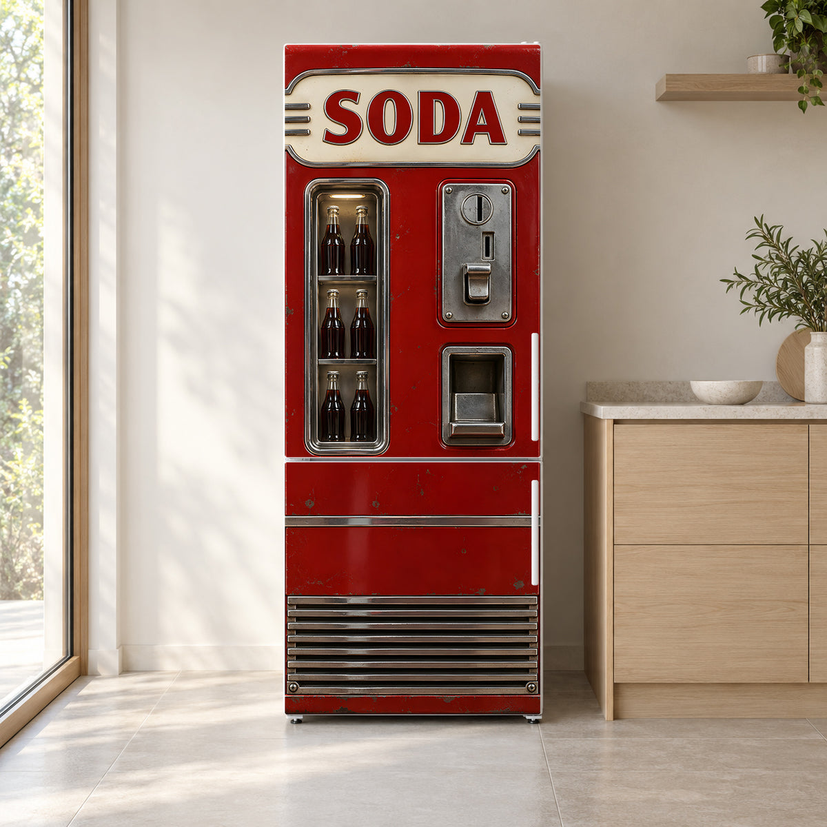 Retro Soda Machine fridge wrap on a white refrigerator in a bright kitchen