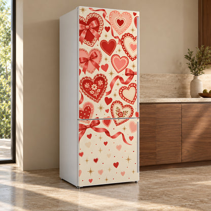 Retro Valentine Hearts fridge wrap, refrigerator shown at an angle