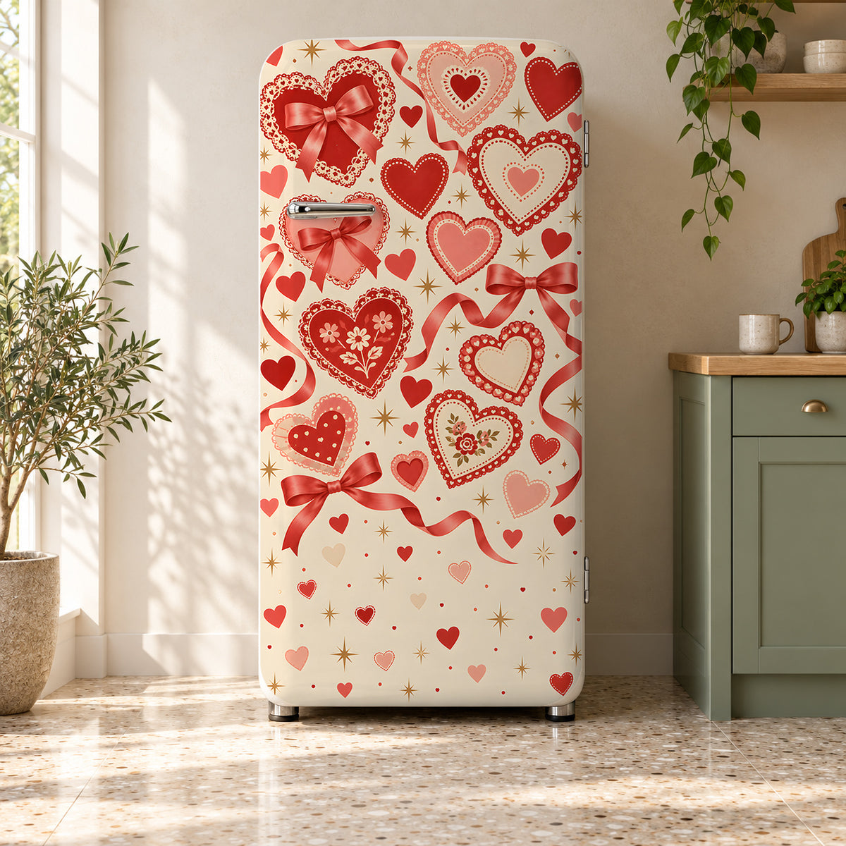 Retro Valentine Hearts fridge wrap on a retro refrigerator