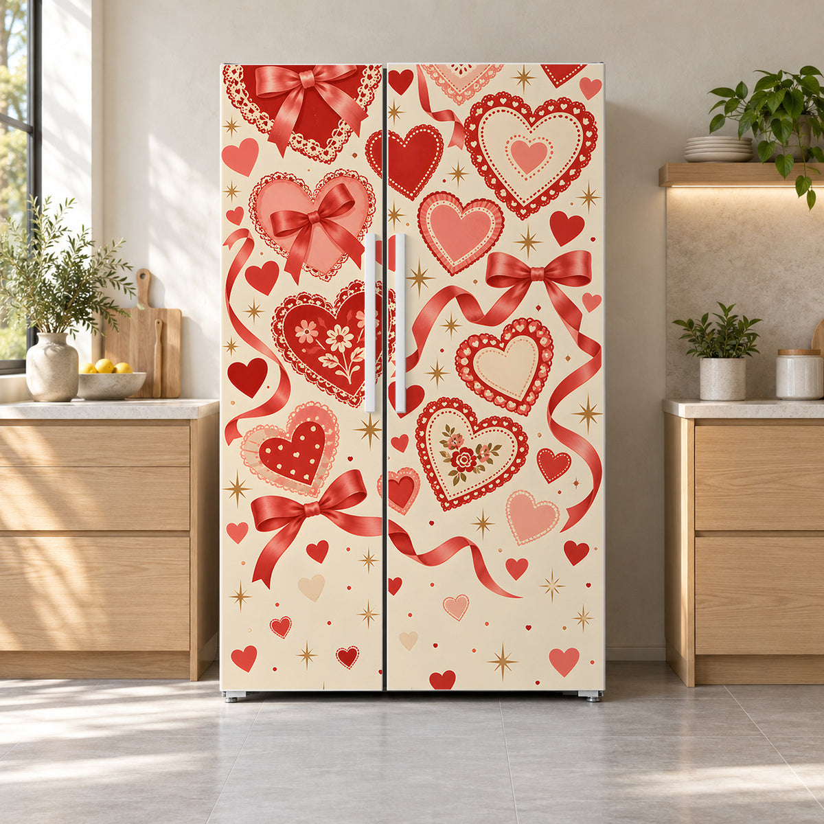 Retro Valentine Hearts fridge wrap on a side-by-side refrigerator