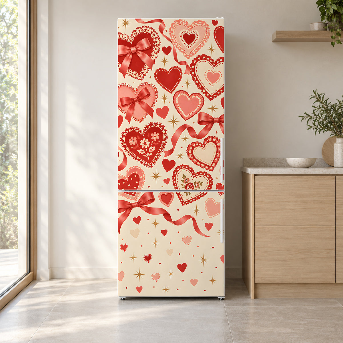 Retro Valentine Hearts fridge wrap on a white refrigerator in a bright kitchen