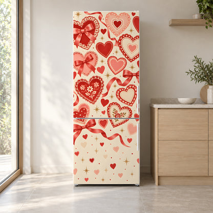 Retro Valentine Hearts fridge wrap on a white refrigerator in a bright kitchen