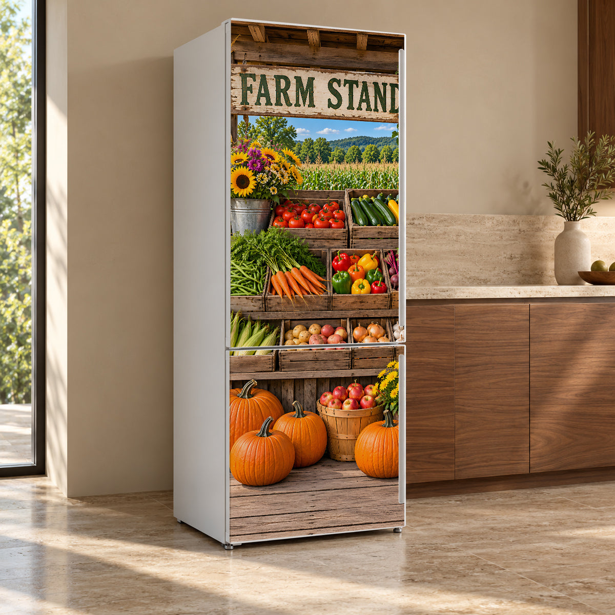 Roadside Farm Stand fridge wrap, refrigerator shown at an angle