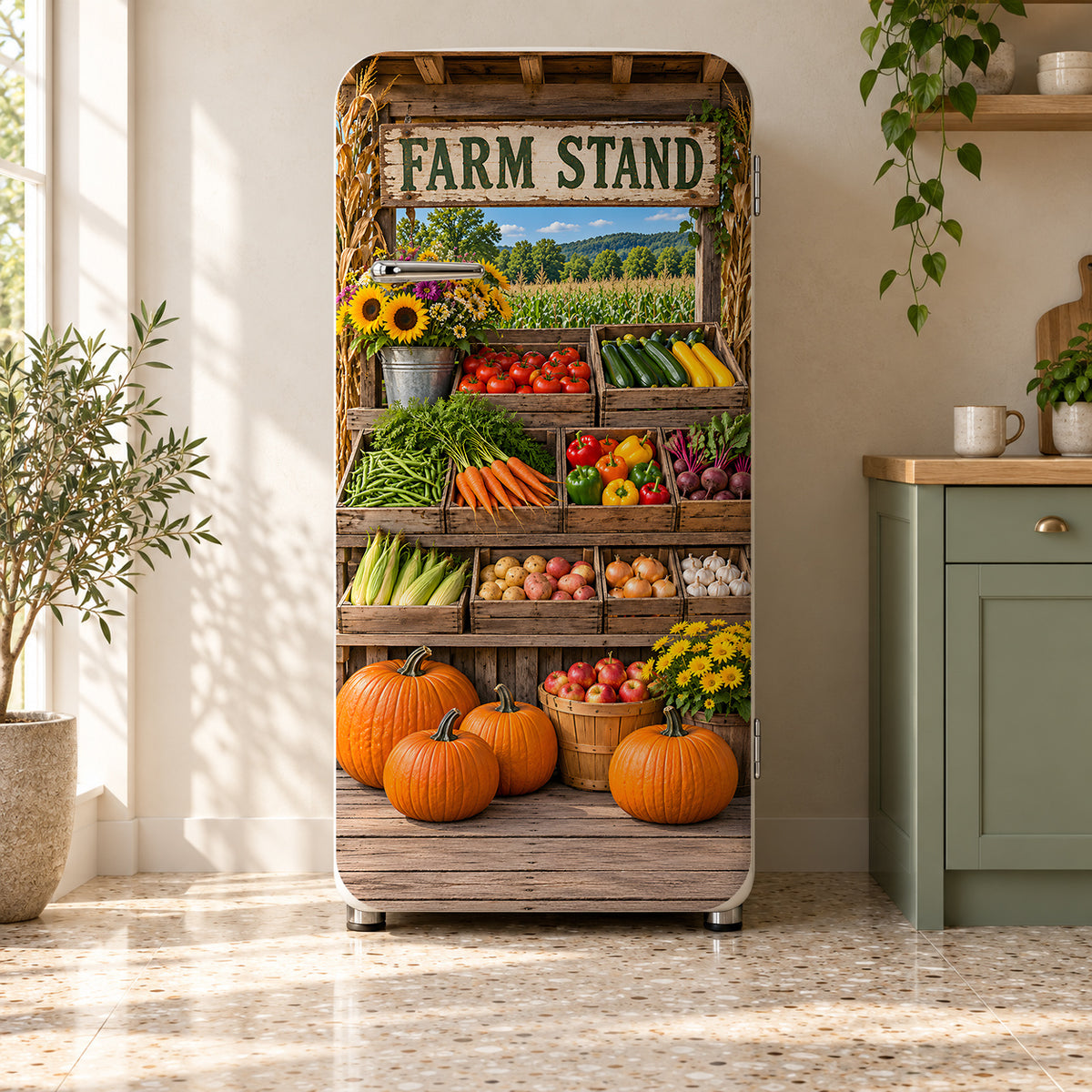 Roadside Farm Stand fridge wrap on a retro refrigerator