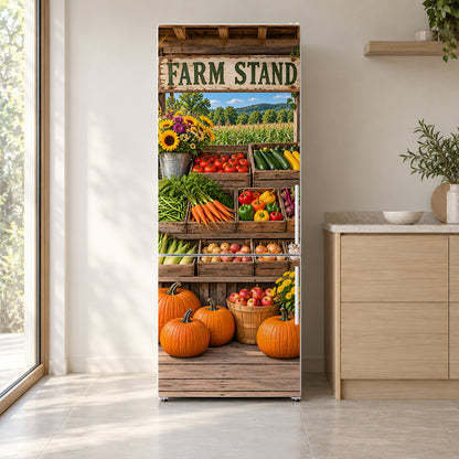 Roadside Farm Stand fridge wrap on a white refrigerator in a bright kitchen