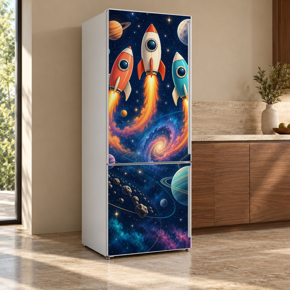 Rocket Ships fridge wrap, refrigerator shown at an angle