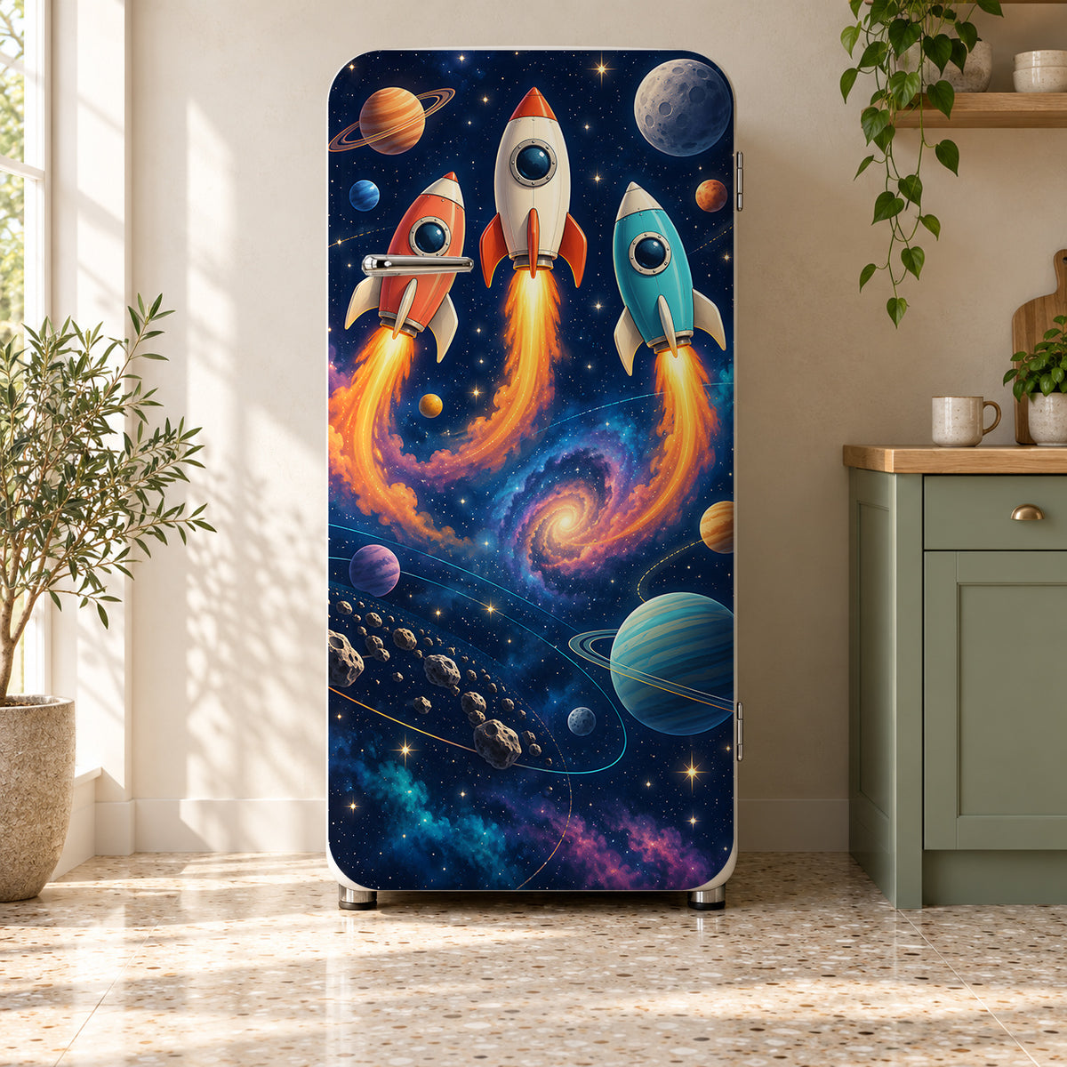 Rocket Ships fridge wrap on a retro refrigerator