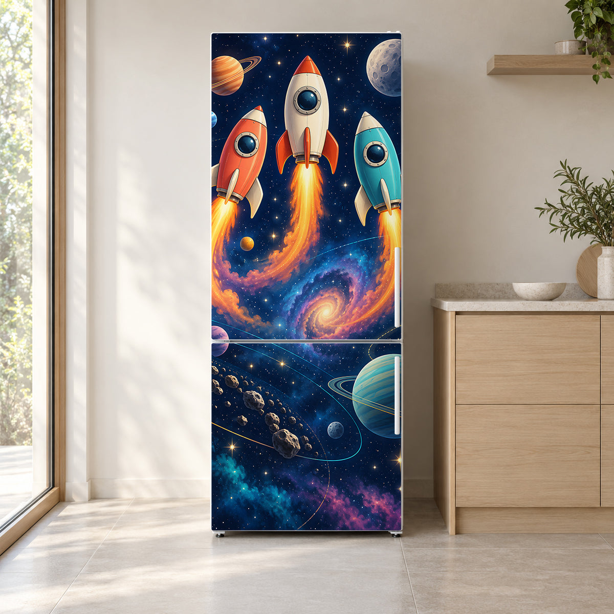 Rocket Ships fridge wrap on a white refrigerator in a bright kitchen