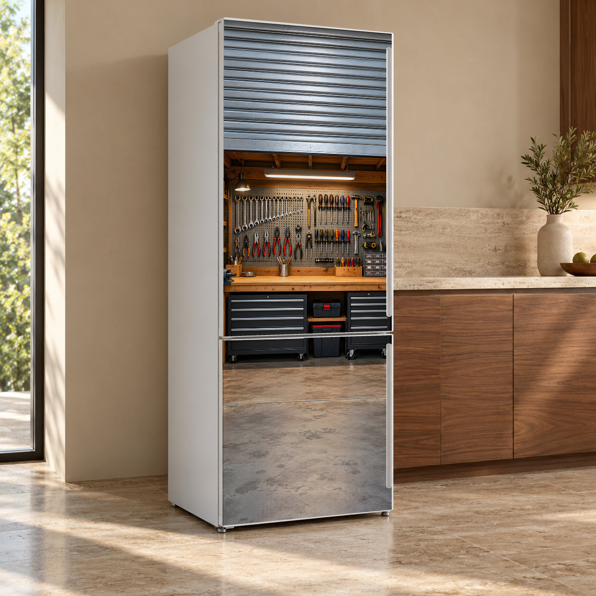 Roll-Up Garage Door Workshop fridge wrap, refrigerator shown at an angle