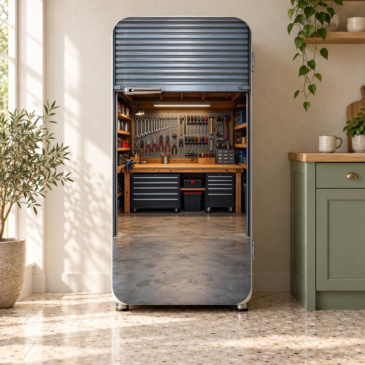 Roll-Up Garage Door Workshop fridge wrap on a retro refrigerator