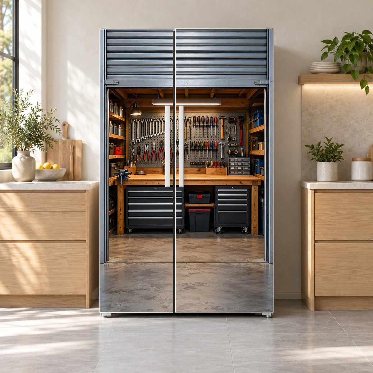 Roll-Up Garage Door Workshop fridge wrap on a side-by-side refrigerator