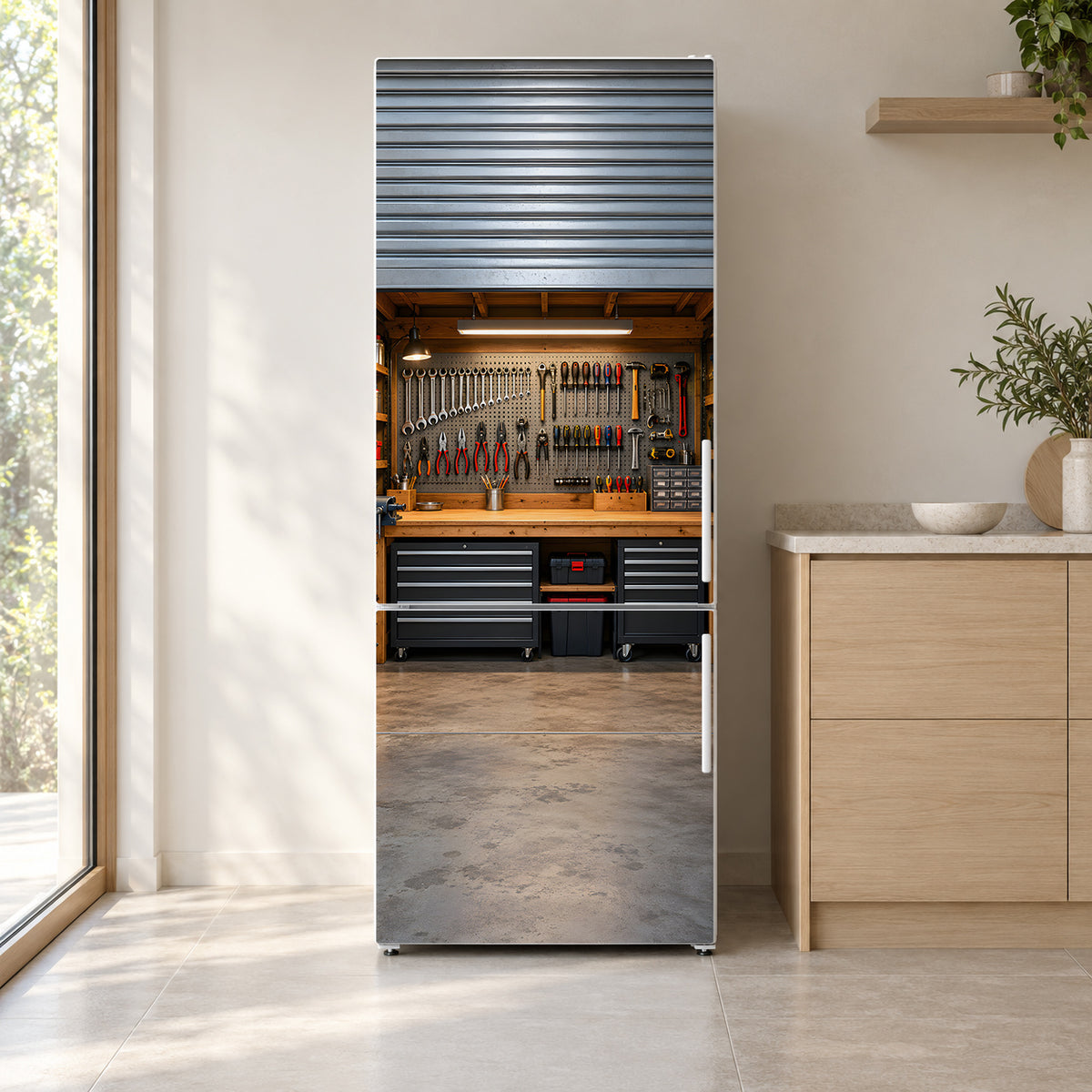 Roll-Up Garage Door Workshop fridge wrap on a white refrigerator in a bright kitchen