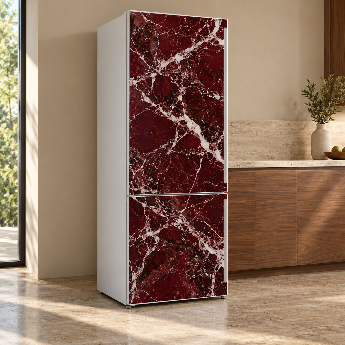 Rosso Levanto Red Marble fridge wrap, refrigerator shown at an angle