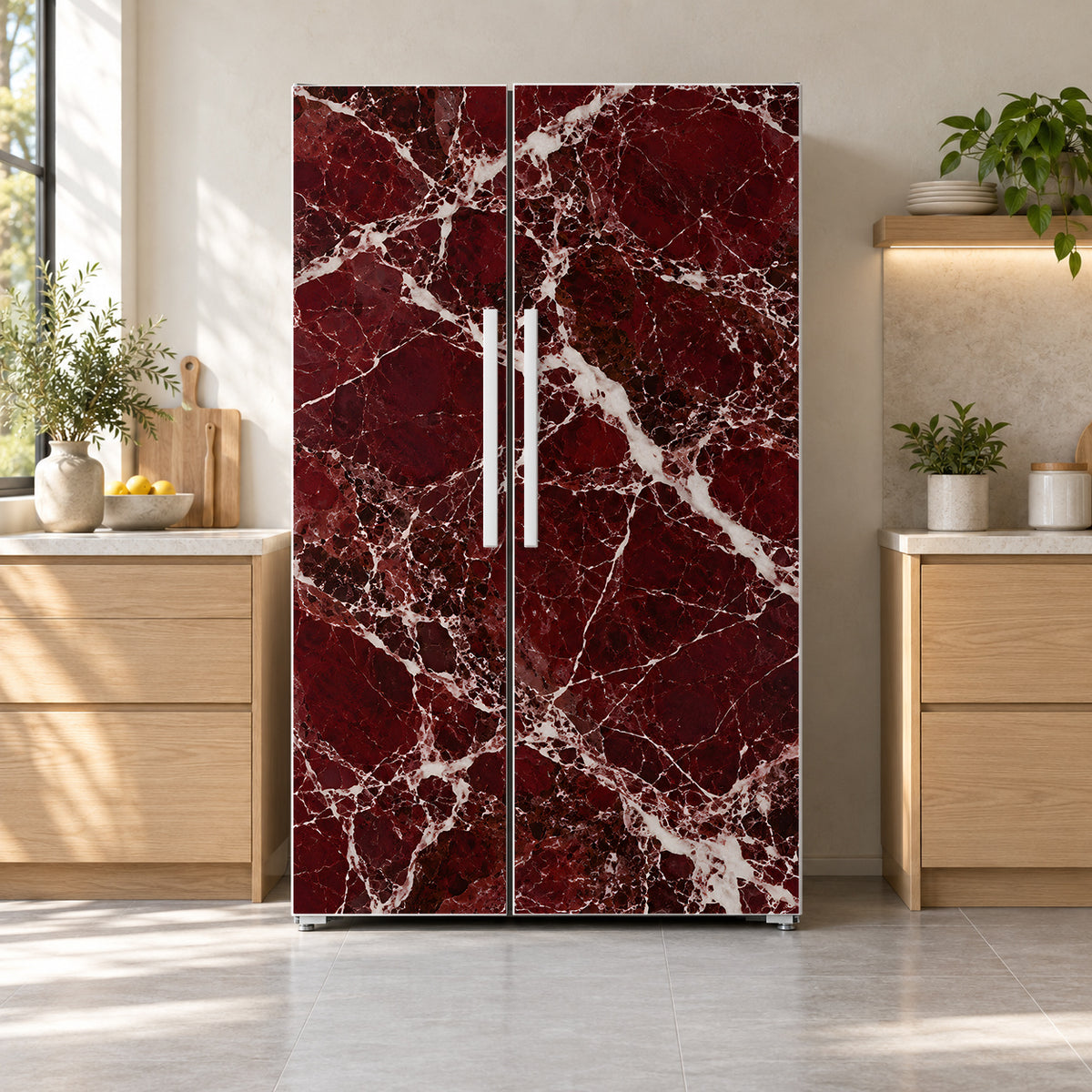 Rosso Levanto Red Marble fridge wrap on a side-by-side refrigerator
