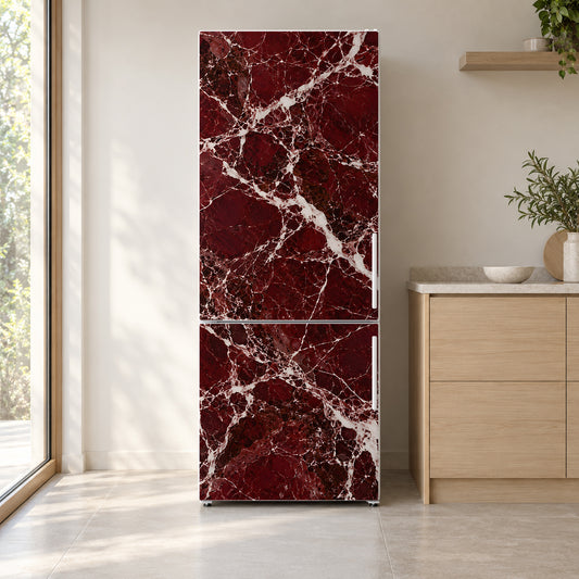 Rosso Levanto Red Marble fridge wrap on a white refrigerator in a bright kitchen