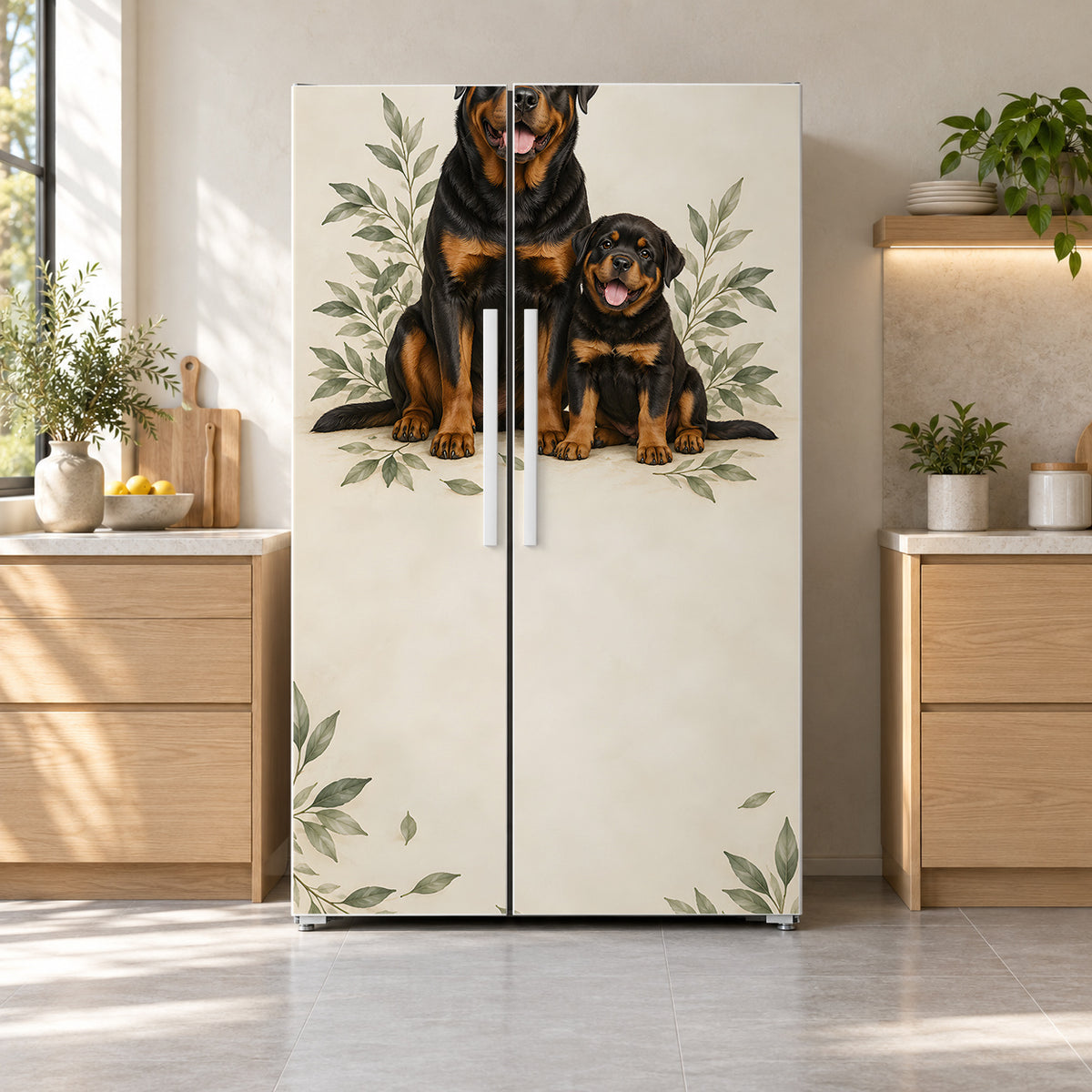 Rottweilers fridge wrap on a side-by-side refrigerator