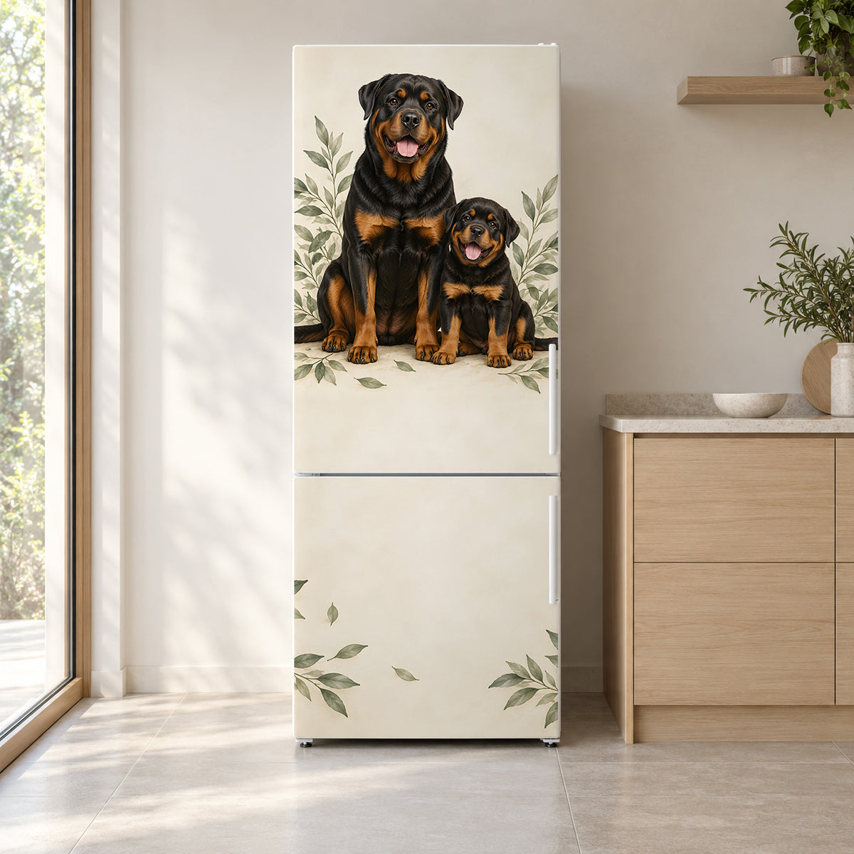 Rottweilers fridge wrap on a white refrigerator in a bright kitchen
