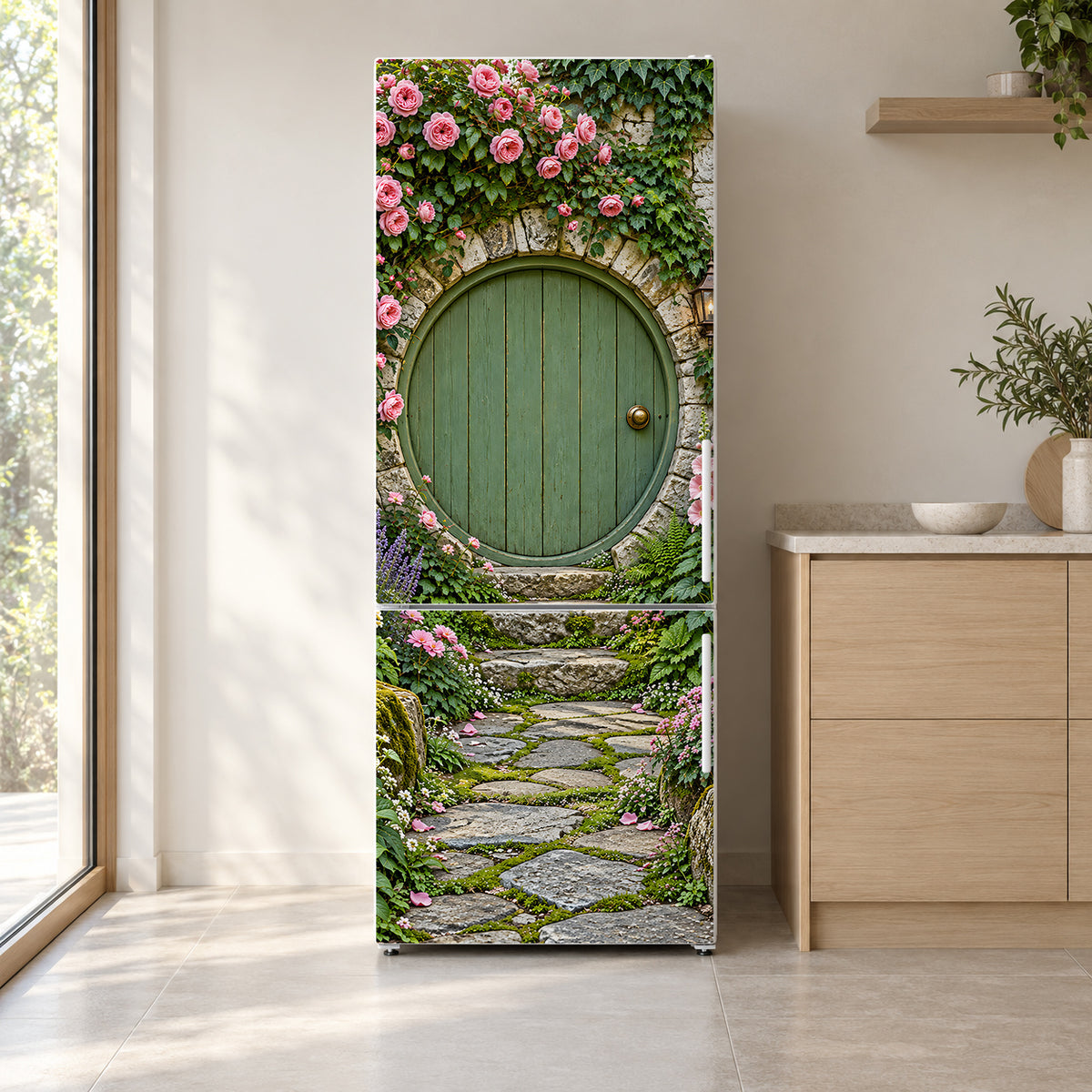 Round Cottage Door fridge wrap on a white refrigerator in a bright kitchen