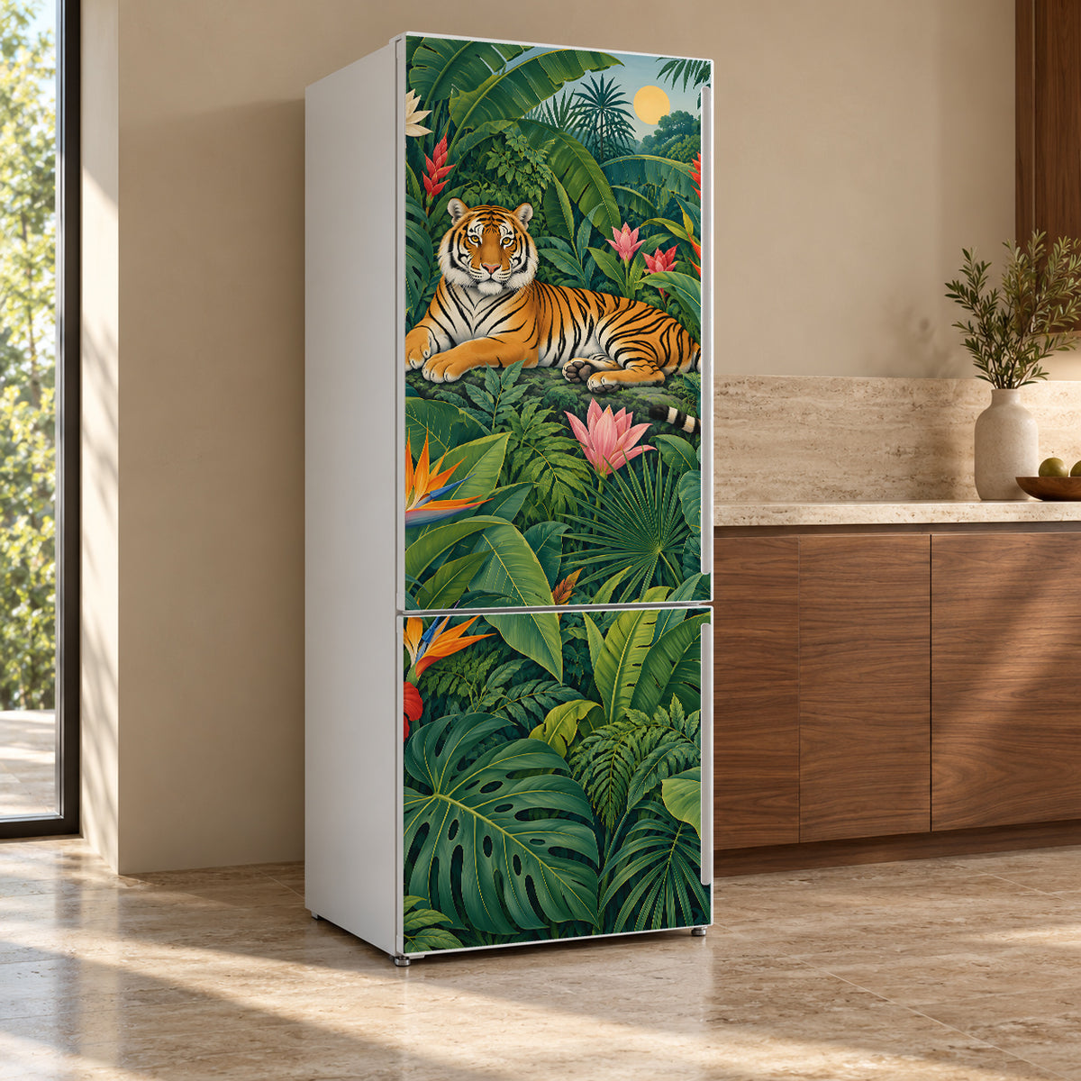 Rousseau-Inspired Jungle fridge wrap, refrigerator shown at an angle