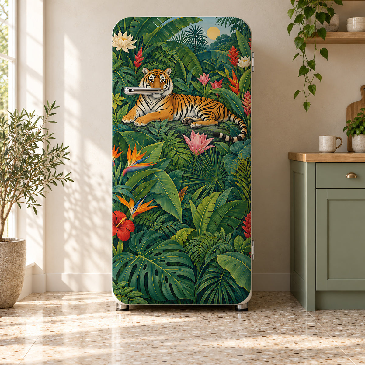 Rousseau-Inspired Jungle fridge wrap on a retro refrigerator