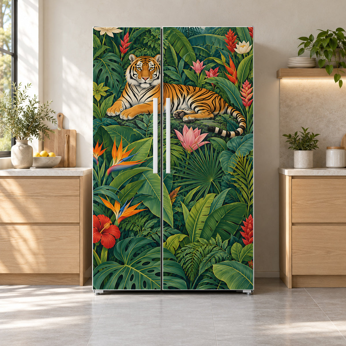 Rousseau-Inspired Jungle fridge wrap on a side-by-side refrigerator