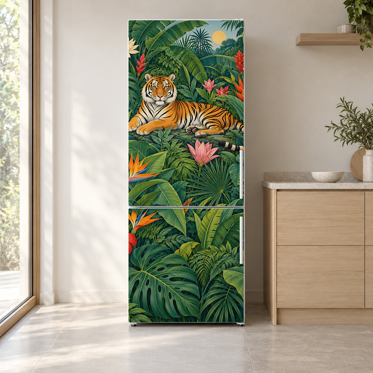 Rousseau-Inspired Jungle fridge wrap on a white refrigerator in a bright kitchen