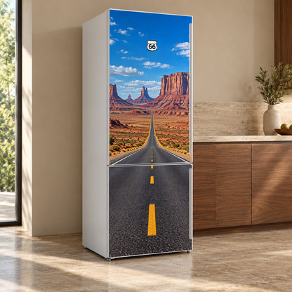 Route 66 Desert Road fridge wrap, refrigerator shown at an angle