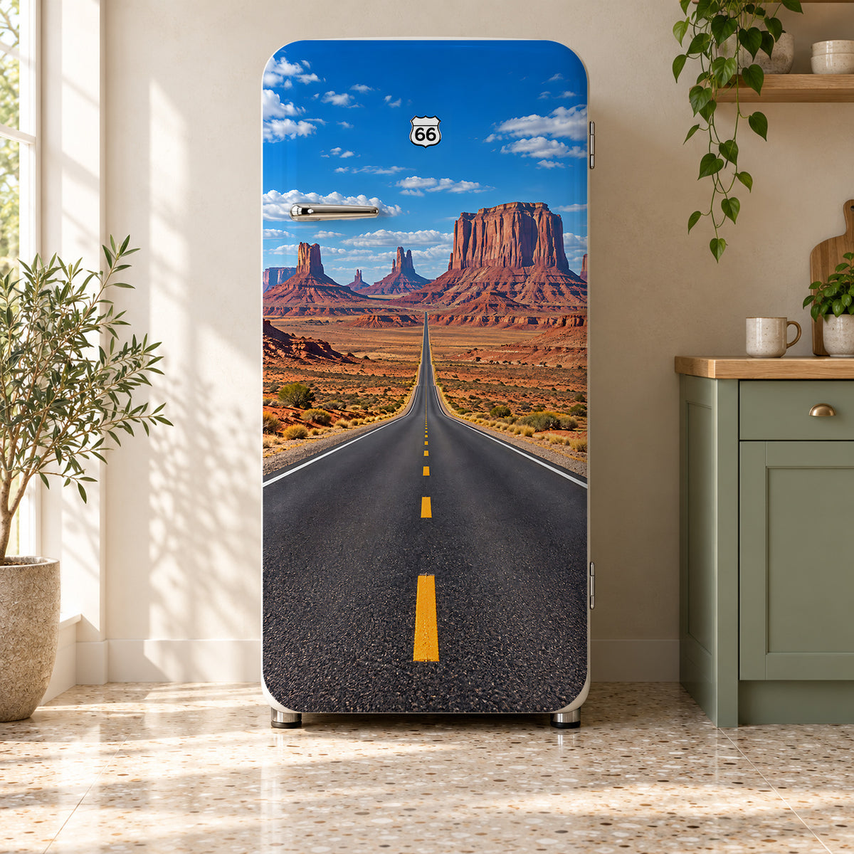 Route 66 Desert Road fridge wrap on a retro refrigerator