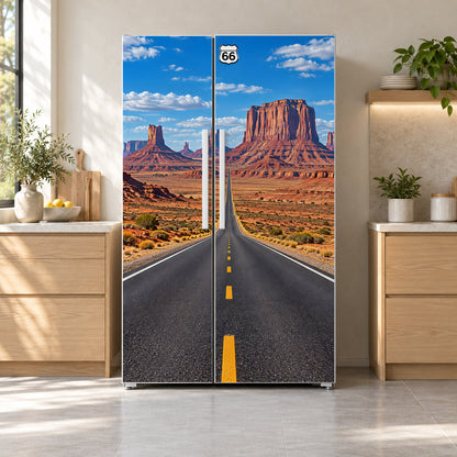 Route 66 Desert Road fridge wrap on a side-by-side refrigerator