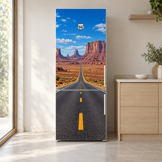 Route 66 Desert Road fridge wrap on a white refrigerator in a bright kitchen