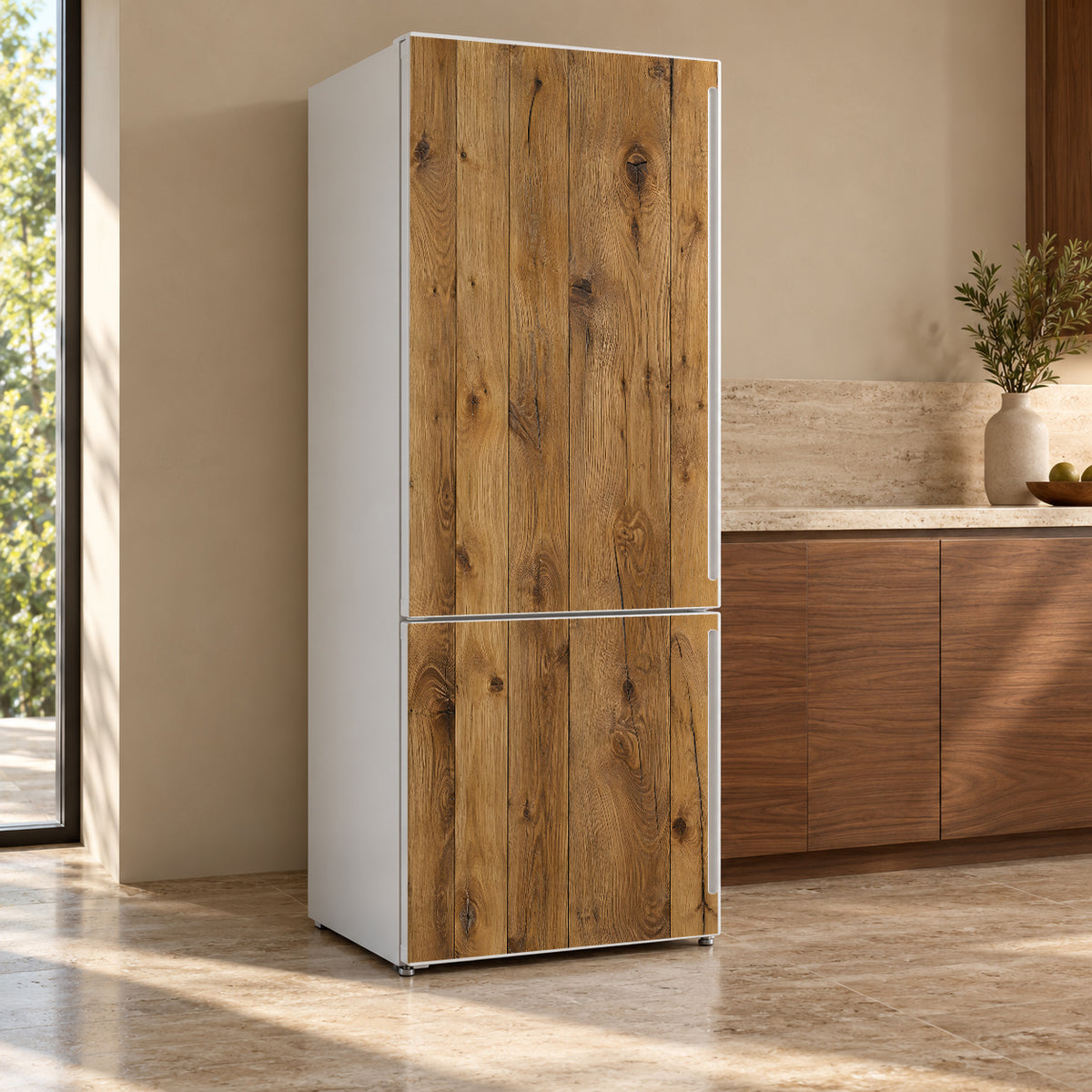Rustic Wood Planks fridge wrap, refrigerator shown at an angle