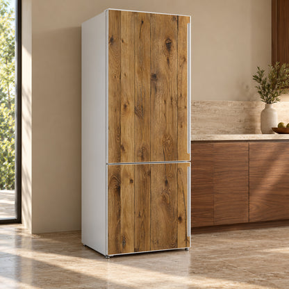 Rustic Wood Planks fridge wrap, refrigerator shown at an angle
