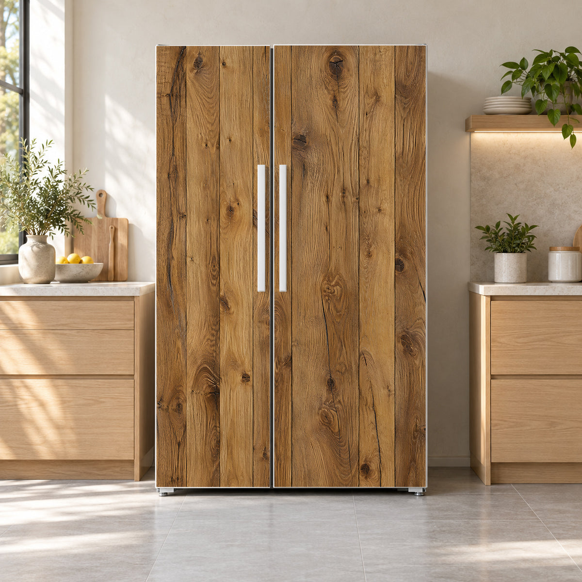 Rustic Wood Planks fridge wrap on a side-by-side refrigerator