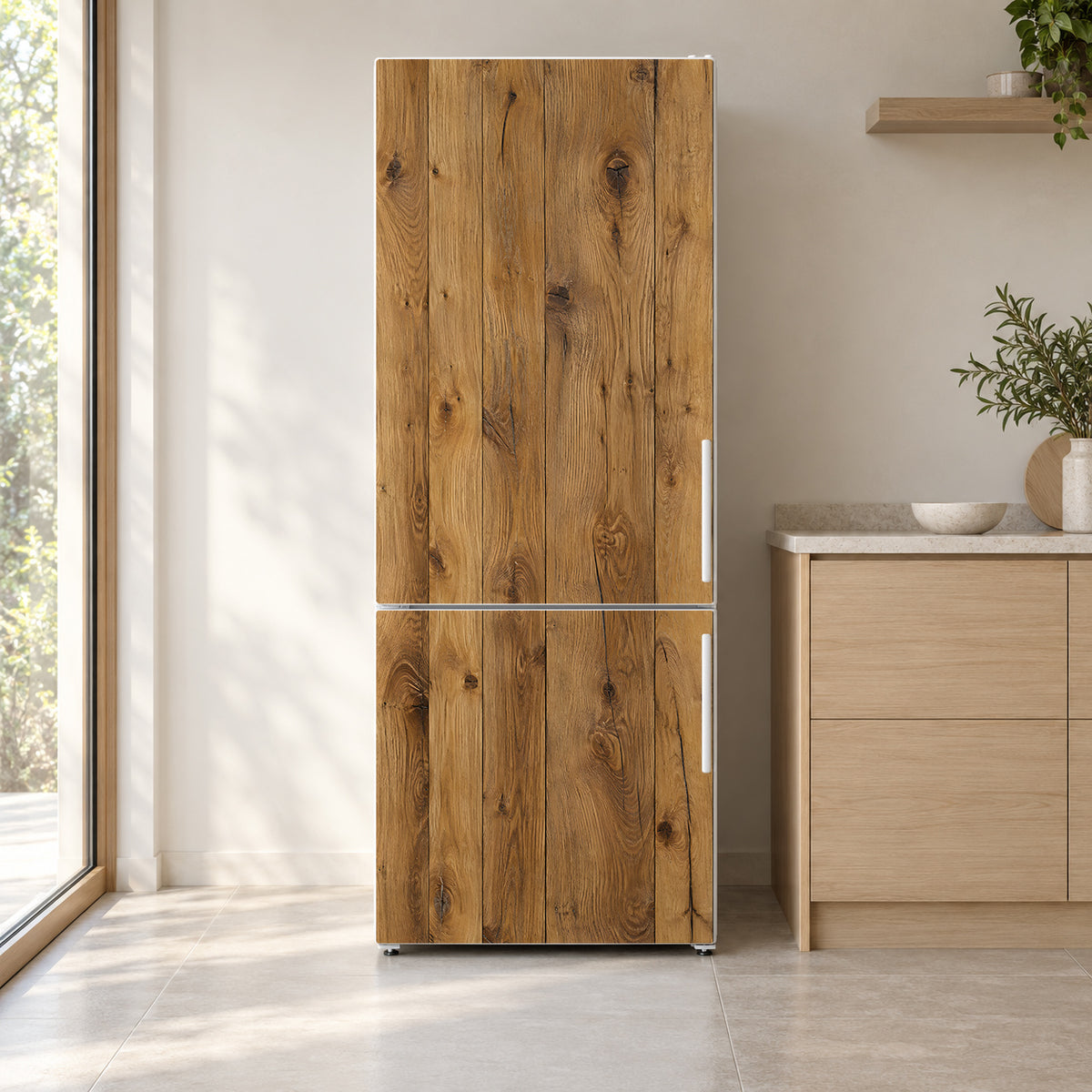 Rustic Wood Planks fridge wrap on a white refrigerator in a bright kitchen