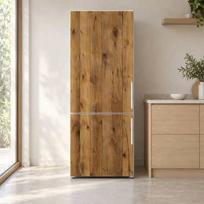 Rustic Wood Planks fridge wrap on a white refrigerator in a bright kitchen