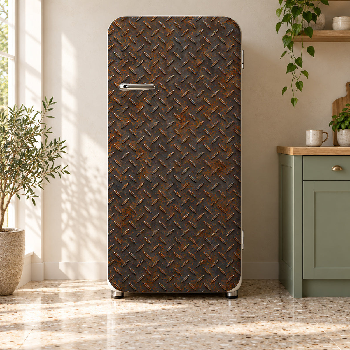 Rusty Diamond Plate fridge wrap on a retro refrigerator