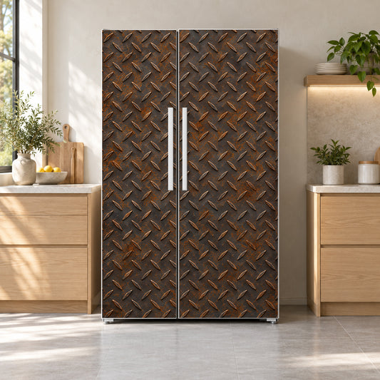 Rusty Diamond Plate fridge wrap on a side-by-side refrigerator