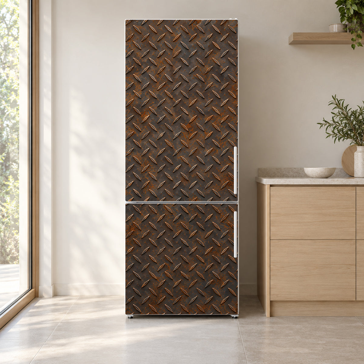 Rusty Diamond Plate fridge wrap on a white refrigerator in a bright kitchen