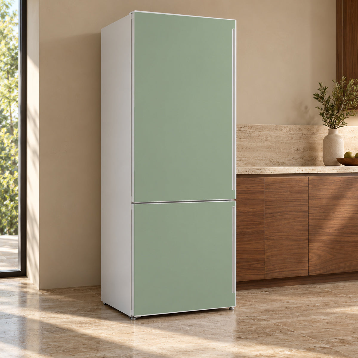Sage Green fridge wrap, refrigerator shown at an angle