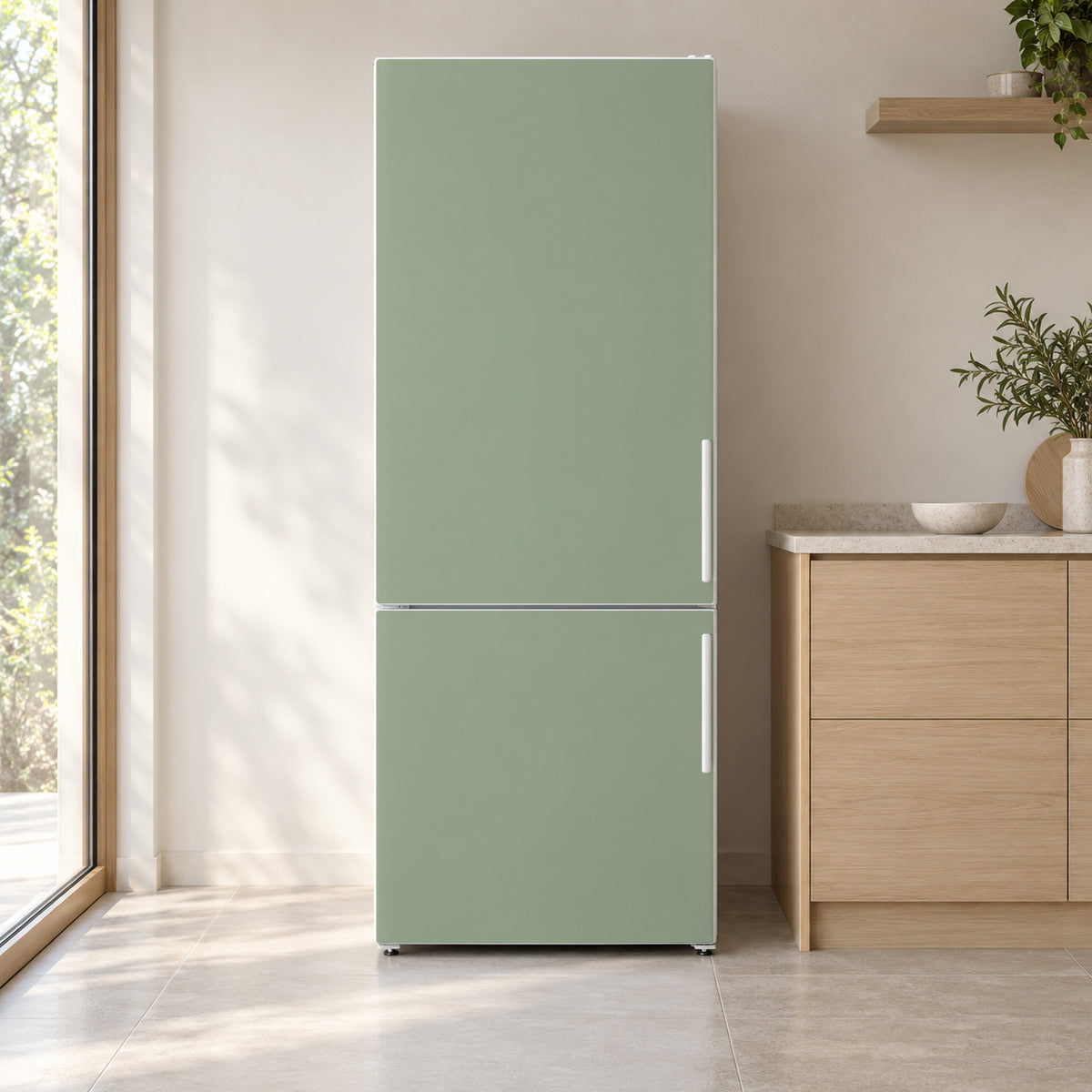Sage Green fridge wrap on a white refrigerator in a bright kitchen