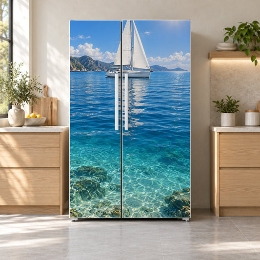 Sailboat fridge wrap on a side-by-side refrigerator