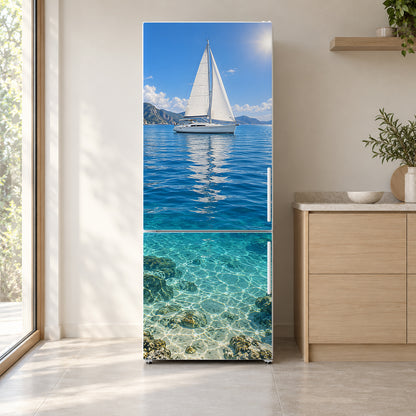 Sailboat fridge wrap on a white refrigerator in a bright kitchen