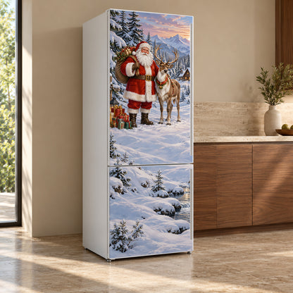 Santa & Reindeer fridge wrap, refrigerator shown at an angle